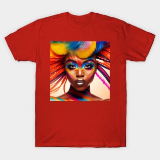 Woman with colorful makeup and feathers on her head. T-Shirt